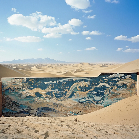 沙漠中绘有龙图案的墙体壁画全景