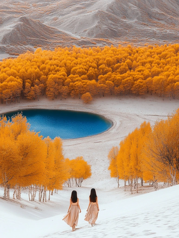 雪地上的两位女子走向蓝湖与金黄树林