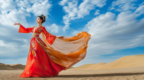 沙漠中身着古装红衣女子翩翩起舞