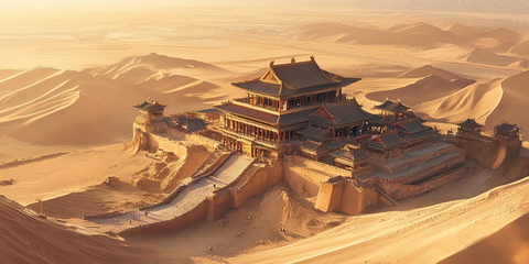 沙漠中的中式古建筑全景