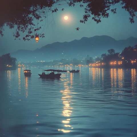 月光下泛着小船的山水夜景