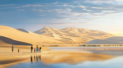 沙漠中一行人在水边行走的画面