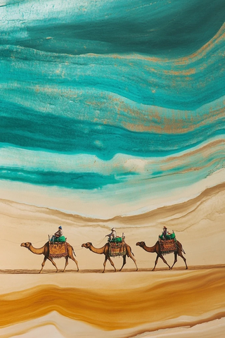 沙漠中骆驼队行进的画面