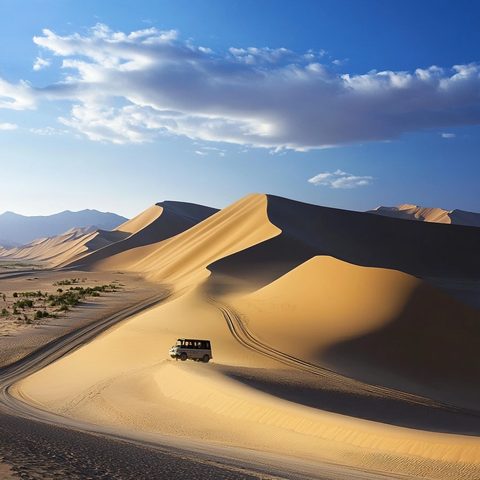 沙漠中行驶的汽车风景