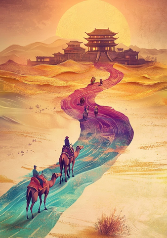 沙漠中驼队行进向古式建筑的景象