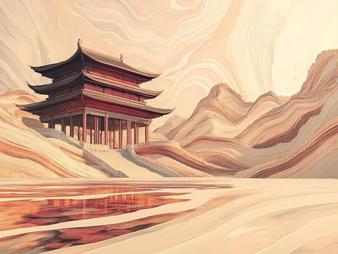 沙漠中的中式古楼建筑全景