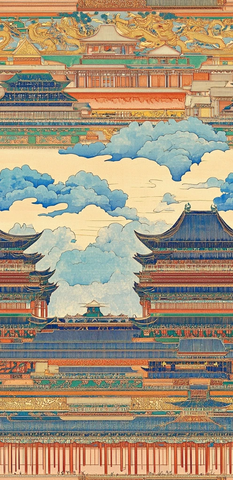 传统中式建筑与天空云彩的绘画作品