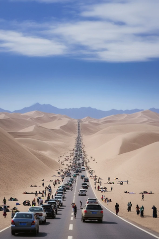 沙漠公路上车辆人群密集景象