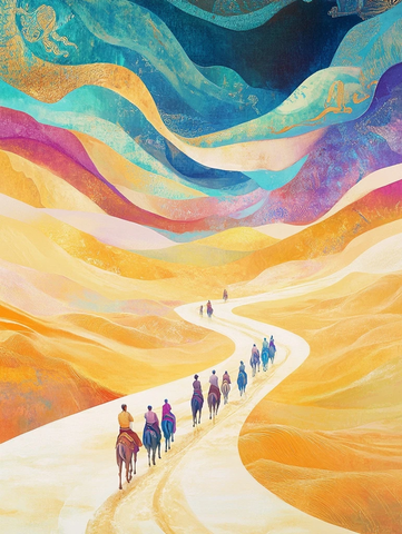 沙漠中骑马前行的队伍