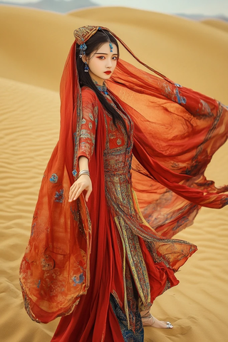 沙漠中身着传统服饰女子的飘逸姿态