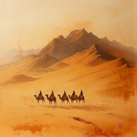 沙漠中骆驼队行走的壮阔景象