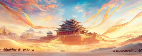 沙漠中古建筑前的骆驼队