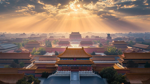 故宫全景鸟瞰图阳光照耀下的恢宏宫殿