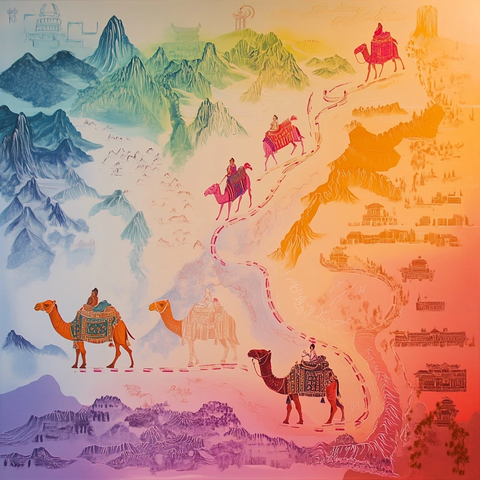 骆驼商队在多彩山峦间行进的古代丝路图
