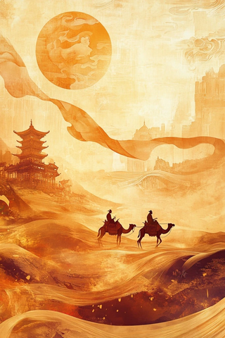 沙漠中骑骆驼的人及古建筑的古风画面