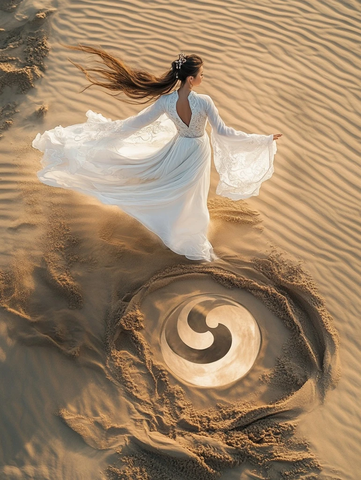 沙漠中身着白色长裙女子的飘逸身姿