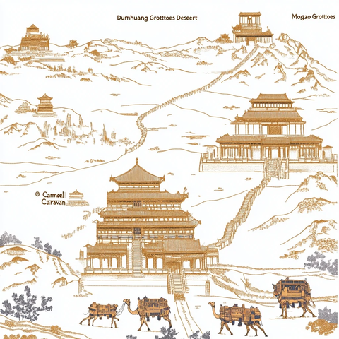 敦煌莫高窟沙漠风光及骆驼商队景象