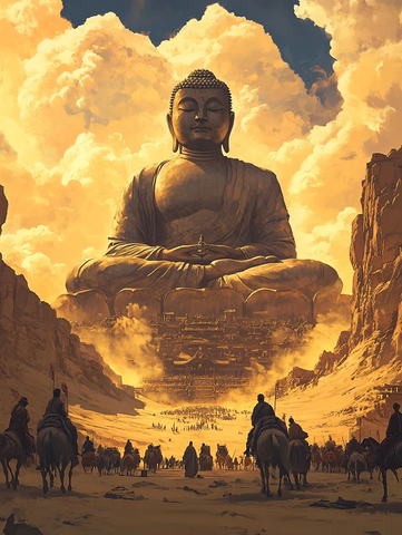 沙漠中巨型佛像下的骑马队伍