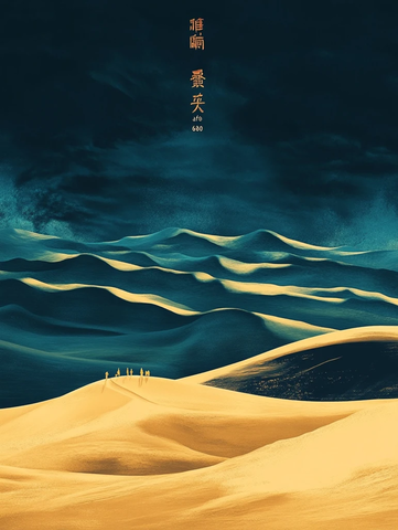 沙漠中一行人行走的壮观景象