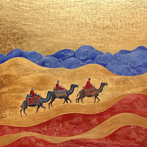 沙漠中骆驼载人行进的景象