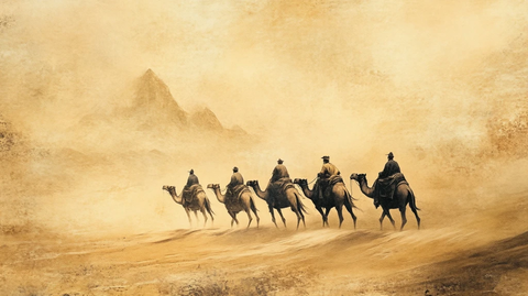 沙漠中骆驼队行进的景象