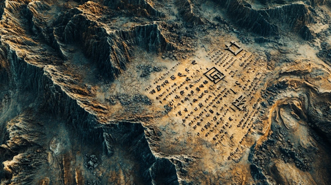 刻有文字的险峻山脉景象