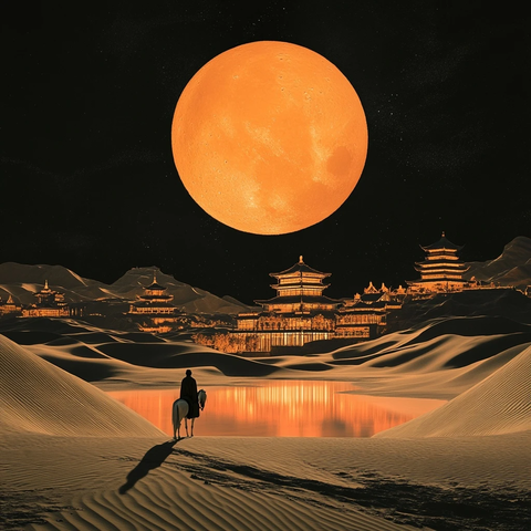 沙漠中骑马人面对古建筑与圆月的景象