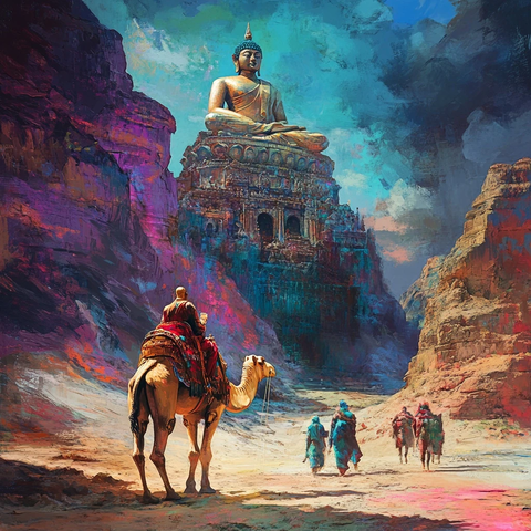 沙漠中骆驼队与大佛雕像的景象