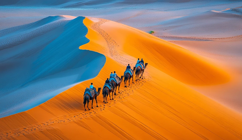 沙漠中骆驼队行进的壮观景象