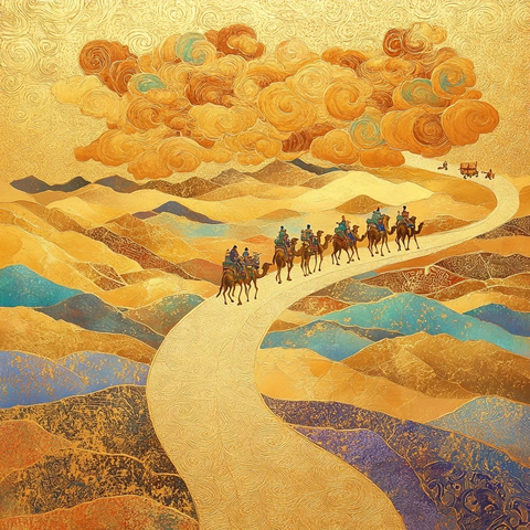 沙漠中骆驼队行进的壮观景象