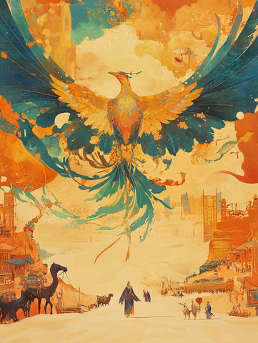 沙漠中凤凰翱翔的奇幻景象