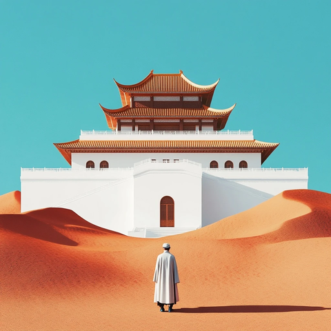 沙漠中身穿长袍的人面对中式古建筑