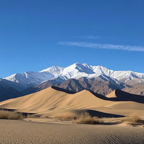 沙漠中遥望雪山的壮阔景象