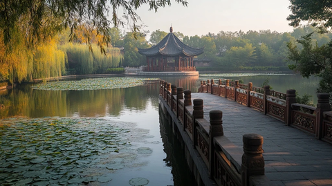 中式亭子水上景观及栈道全景