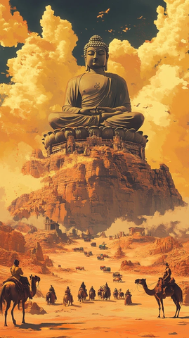 沙漠中骆驼队与巨型佛像的壮丽景象
