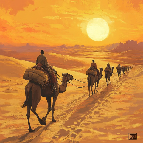 沙漠中骆驼队在夕阳下行走的画面