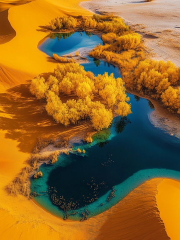 沙漠中点缀着水泊与金黄树木的美景