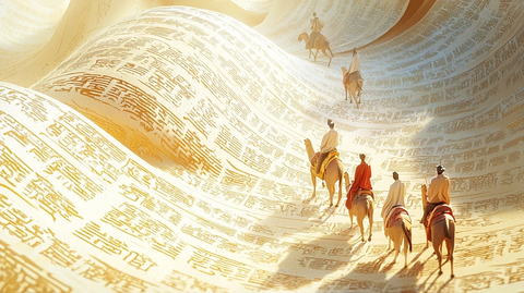 沙漠中骑骆驼的商旅队伍