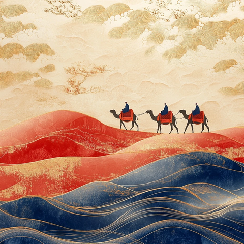 沙漠中骆驼队行进的壮丽景象