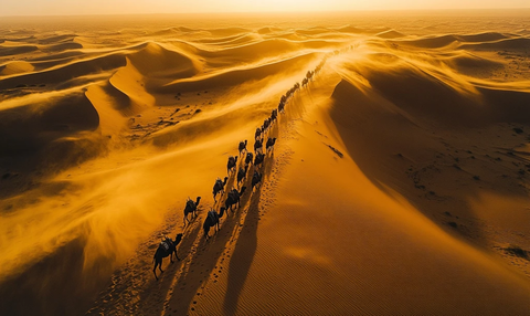 沙漠中行进的骆驼队全景