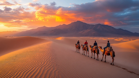 沙漠中骆驼队在夕阳下前行的景象