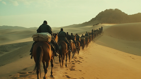 沙漠中骑马前行的队伍