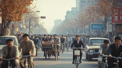 车水马龙的城市街道上人群骑行的景象