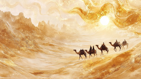 沙漠中骆驼队前行的壮阔景象