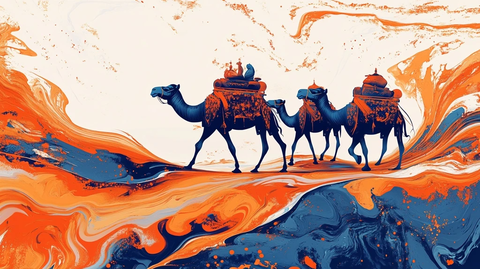 沙漠中驮着货物行走的骆驼队