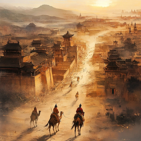 古代城镇中骆驼队行进的场景