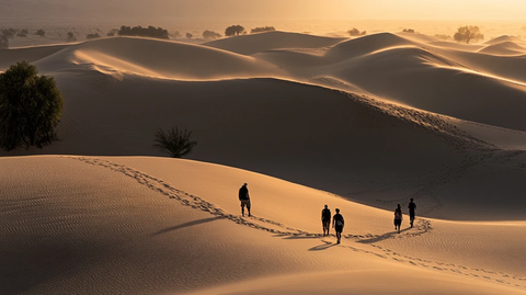 沙漠中徒步的人夕阳下的沙漠景象
