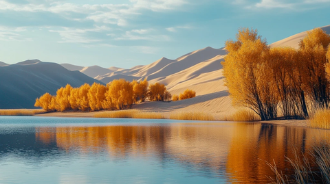 沙漠湖泊边的金黄树木与沙丘相映成景