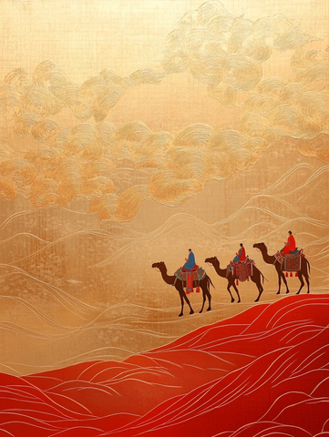 沙漠中骆驼队行进的景象