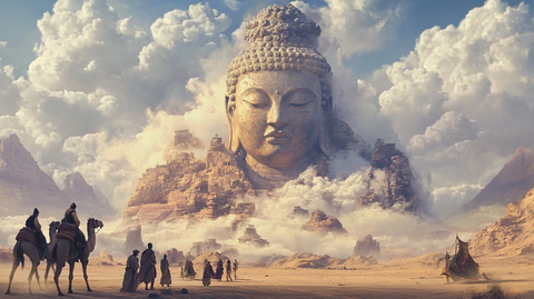 沙漠中巨型佛像下的骆驼队